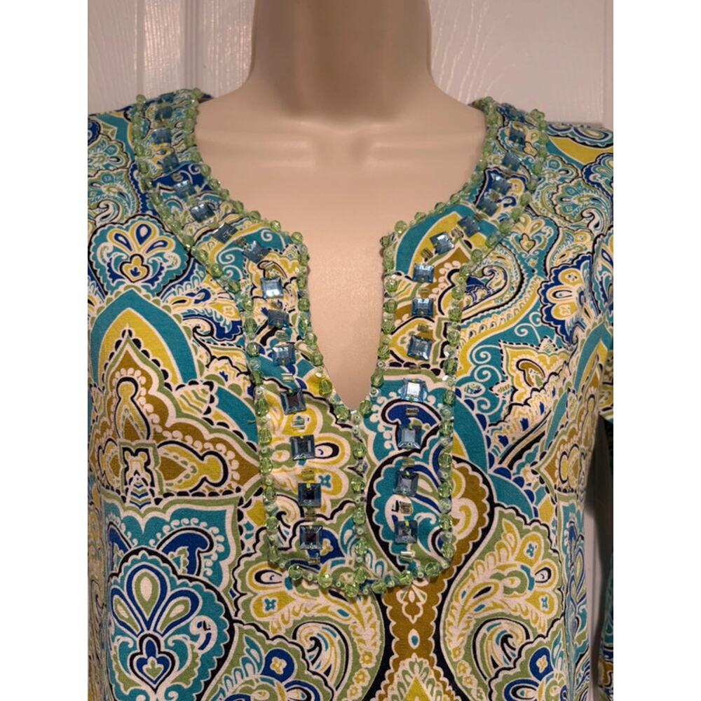 Joyous‎ & Free Tunic Top S Blue Green Paisley Boho Stretch Beach Chic Coastal